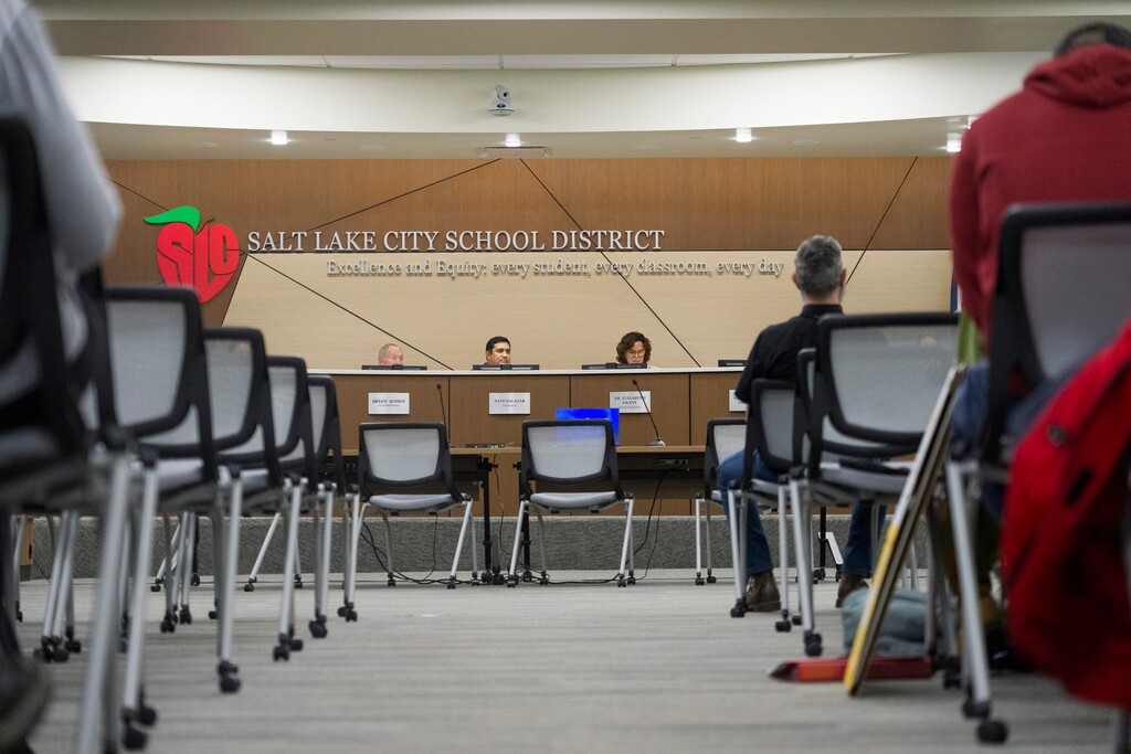 (Bethany Baker | The Salt Lake Tribune) The Board of Education of the Salt Lake City School District listens to public comment during a hearing to discuss the potential school closure of Innovations Early College High School on Tuesday, Nov. 18, 2025.