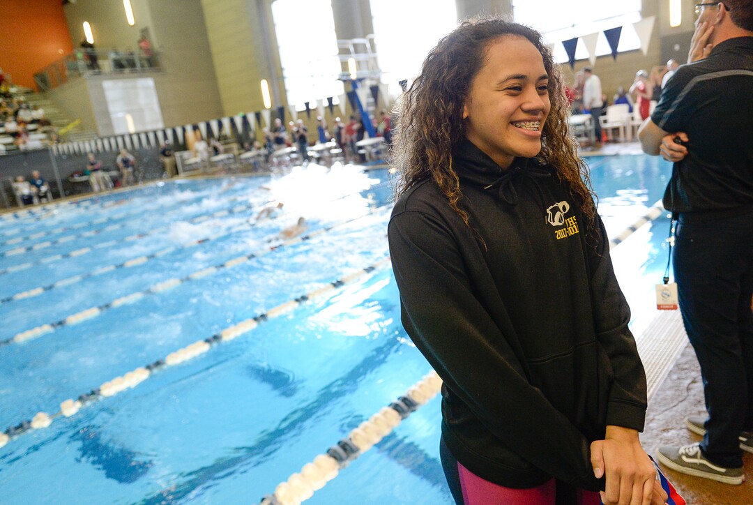 (Francisco Kjolseth  |  The Salt Lake Tribune)  Mariah Maile of Viewmont is all smiles after winning the Women 200 Yard Free at the high school swimming 5A State Championships in Bountiful, Friday February 9, 2018.