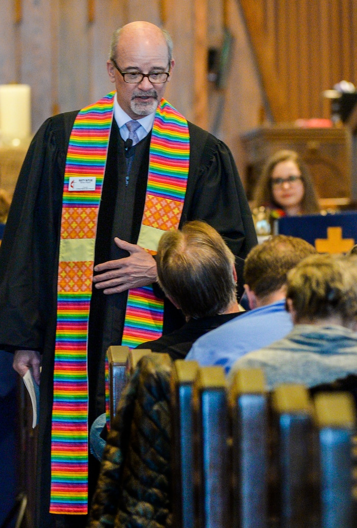 Leah Hogsten | The Salt Lake Tribune Rev. Rusty Butler and the congregation at Christ United Methodist Church were awash in rainbows during Sunday services, March 3, 2019 in a show of solidarity for its LGBTQ members. Last week in St. Louis, international delegates for the UMC voted to continue the faith’s ban on same-sex weddings and ordination of LGBTQ clergy. Many pastors and congregations in Utah and the U.S. were disappointed by the vote, which could ultimately cause a split in the ranks.