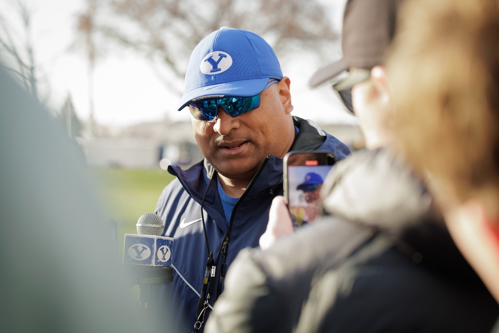 (Jaren Wilkey | BYU) BYU football head coach Kalani Sitake speaks to media following practice in Provo, Friday, March 8, 2024.