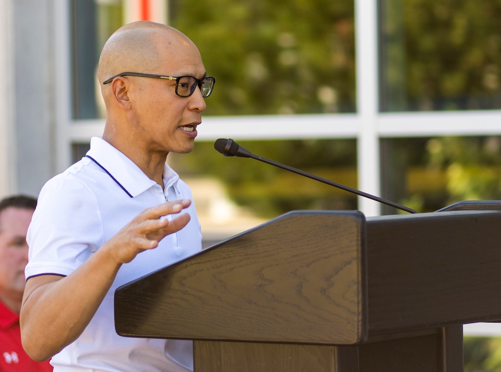 (Rick Egan | The Salt Lake Tribune)  Utah Gymnastics coach Tom Farden speaks at the ribbon-cutting ceremony for the Utes Dumke Gymnastics Center, on Thursday, Aug. 17, 2023.