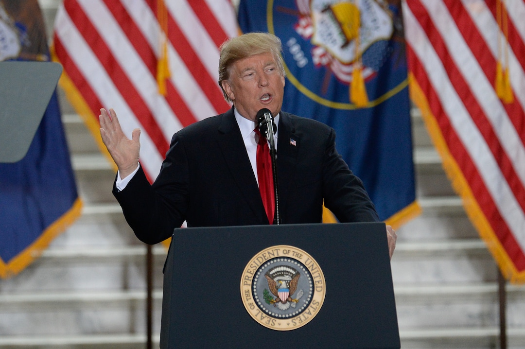(Francisco Kjolseth  |  The Salt Lake Tribune)  U.S. President Donald Trump takes the stage at the Utah Capitol on Monday, Dec. 4, 2017, to sign a presidential proclamation to shrink Bears Ears and Grand Staircase-Escalante national monuments.