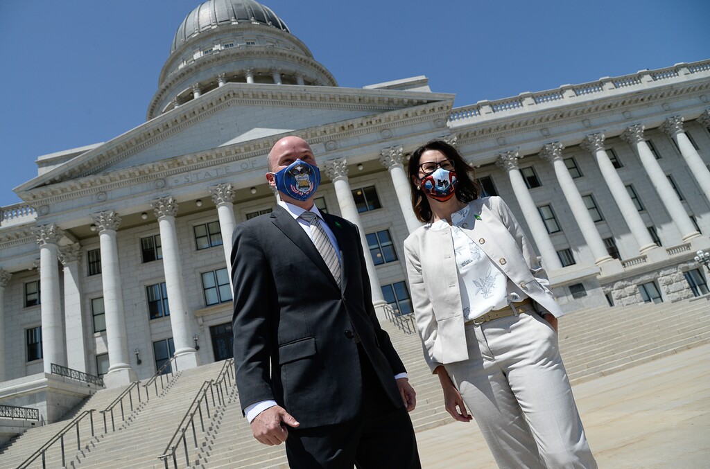 (Francisco Kjolseth | Tribune file photo)Utah Gov.-elect Spencer Cox, joined by his running mate Sen. Deidre Henderson, R-Spanish Fork, at the front steps of the Utah Capitol in July. A state panel announced Saturday they will hold their Jan. 4 inauguration at Tuachan Center for the Arts in Ivins, where the center’s open-air amphitheatre will allow for physical distancing among attendees.