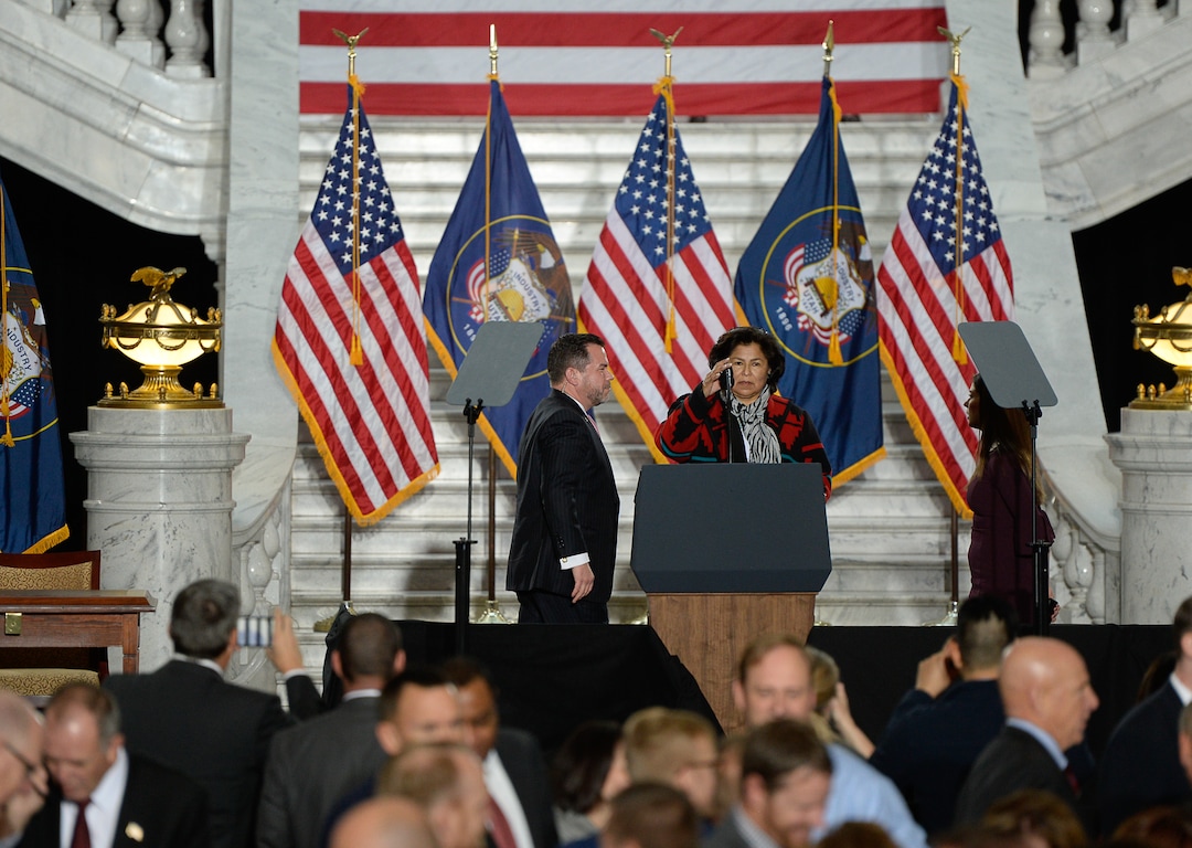 (Francisco Kjolseth  |  The Salt Lake Tribune)  San Juan County Commissioner Rebecca Benally gets a tour of the podium before her scheduled speaking engagement at the Utah Capitol as U.S. President Donald Trump is scheduled to arrive on Monday, Dec. 4, 2017. President Trump will be joined by Sen. Orrin Hatch and Interior Secretary Ryan Zinke to sign a presidential proclamation to shrink Bears Ears and Grand Staircase-Escalante national monuments.