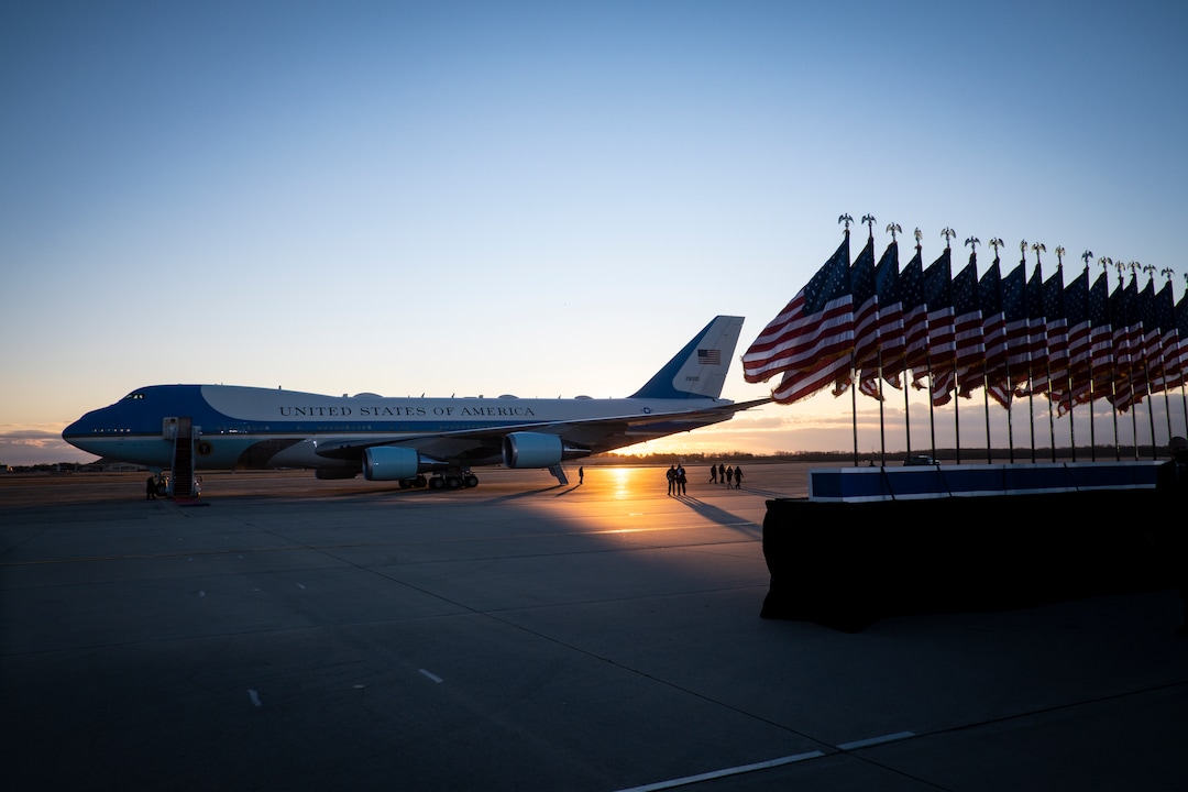 Air Force One waits for President Donald Trump to board for his last time as president at Joint Base Andrews in Maryland, Jan. 20, 2021. Defeated and twice impeached, the 45th president used his farewell remarks before a sparse crowd to brag about his record and wish luck to the incoming administration. (Pete Marovich/The New York Times)