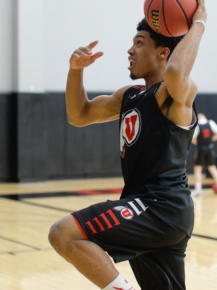(Francisco Kjolseth  |  The Salt Lake Tribune)  Utah guard Sedrick Barefield drives the ball to the basket as the Utah men's basketball program begins fall practices with a fairly new roster of players on Friday, Sept. 29, 2017.