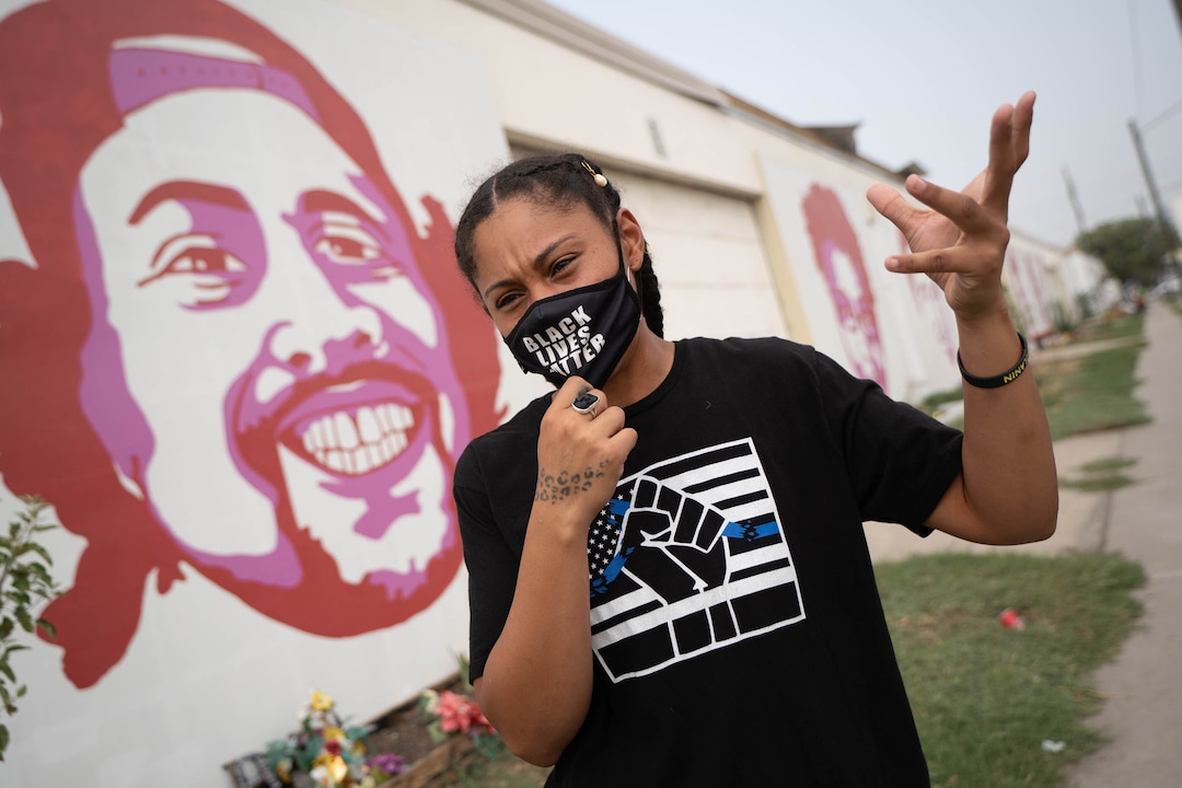 (Francisco Kjolseth | The Salt Lake Tribune) Rae Duckworth has been named the new leader of Black Lives Matter Utah after Lex Scott stepped down and left the state, as she speaks about her new role on Tuesday, Aug. 17, 2021, alongside a mural of her cousin Bobby Duckworth who was killed by police.