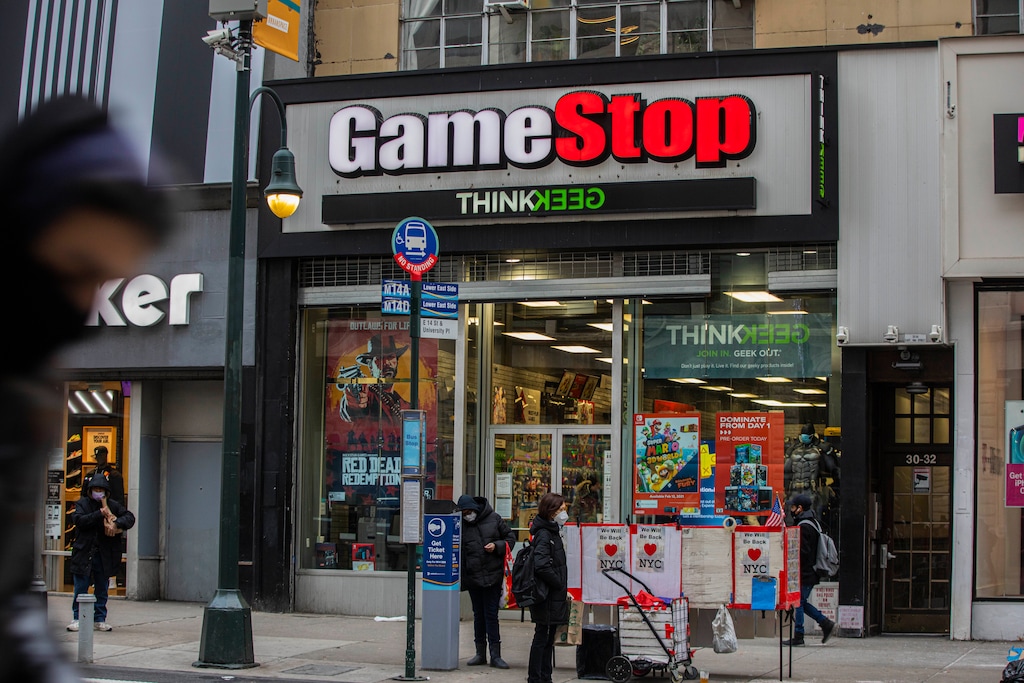 (Hiroko Masuike | The New York Times) A GameStop store in Manhattan on Wednesday, Jan. 27, 2021. GameStop shares have soared 1,500 percent as millions of small investors, egged on by social media, employ a classic Wall Street tactic to put the squeeze — on Wall Street.