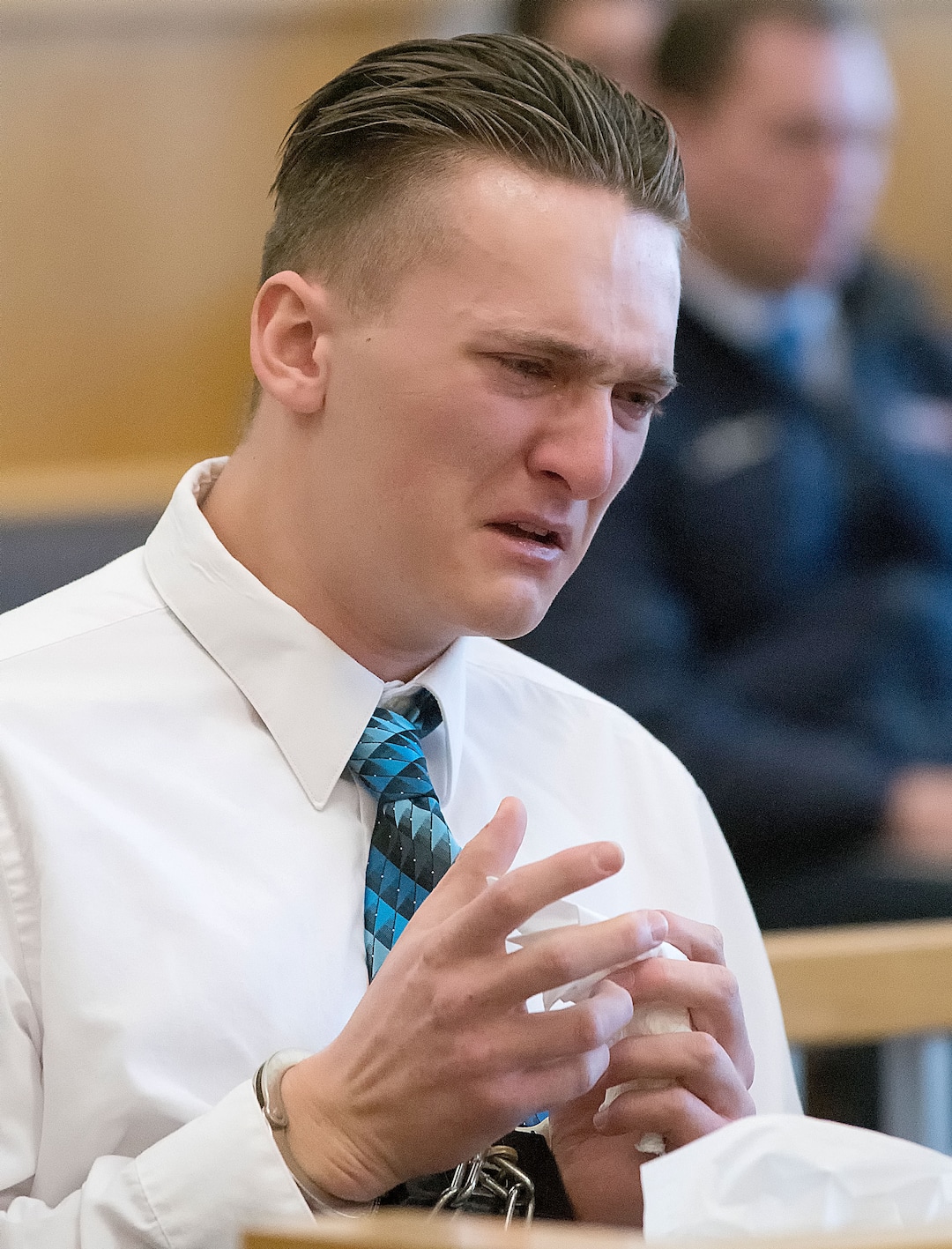 (Eli Lucero  |  Herald Journal, pool) Colter Peterson cries while listening to testimony during his sentencing for attempted aggravated murder and robbery, Thursday, Feb. 1, 2018, in Logan, Utah. Peterson received a sentence of 15 years to life for shooting Deserae Turner in February 2017, and leaving her for dead in a dry irrigation canal in Smithfield, Utah.