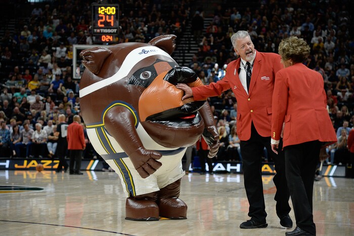 (Francisco Kjolseth  |  The Salt Lake Tribune)  Inflatable bears have a little fun on the court during a time out between the Jazz and Raptors in the first half of the preseason NBA game at Vivint Smart Home Arena Tuesday, Oct. 2, 2018, in Salt Lake City.