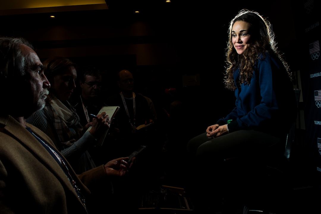 (Chris Detrick  |  The Salt Lake Tribune)  Ski jumping athlete Sarah Hendrickson speaks during the Team USA Media Summit at the Grand Summit Hotel in Canyons Village Tuesday, September 26, 2017.