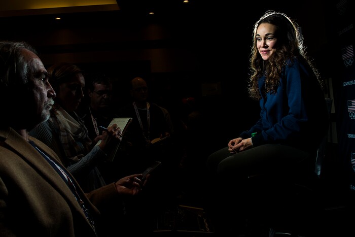 (Chris Detrick  |  The Salt Lake Tribune)  Ski jumping athlete Sarah Hendrickson speaks during the Team USA Media Summit at the Grand Summit Hotel in Canyons Village Tuesday, September 26, 2017.