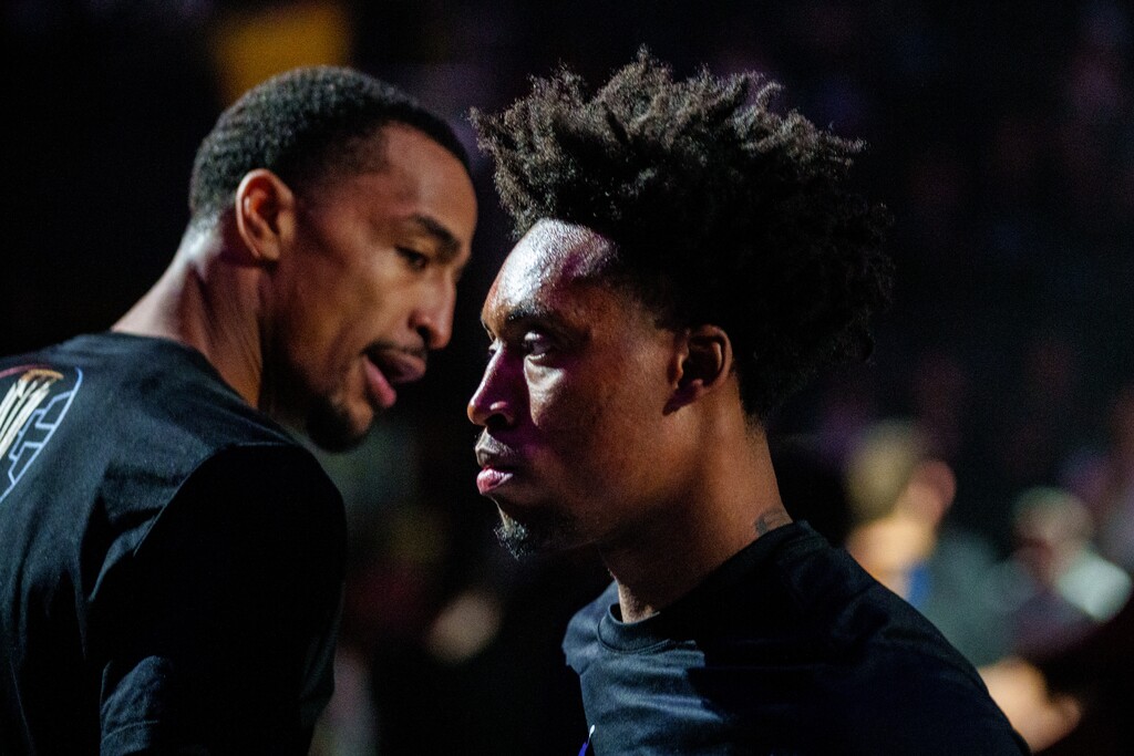 (Trent Nelson  |  The Salt Lake Tribune) Utah Jazz forward John Collins (20) and Utah Jazz guard Collin Sexton (2) as the Utah Jazz host the San Antonio Spurs, NBA basketball in Salt Lake City on Tuesday, Nov. 26, 2024.