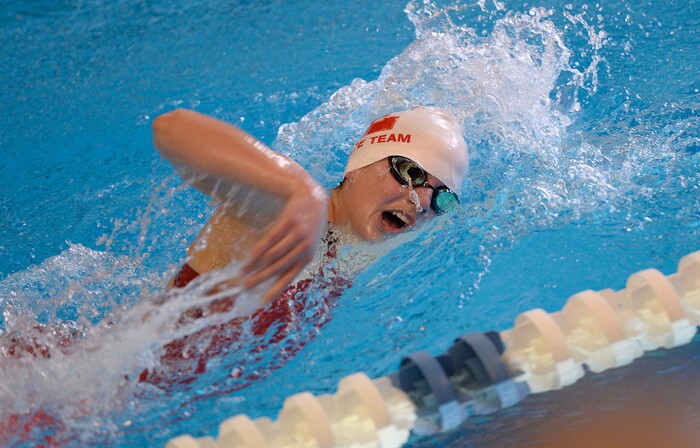 (Francisco Kjolseth | The Salt Lake Tribune) Margaret Mayer of East competes in the Women 200 Yard Free at the high school swimming 5A State Championships in Bountiful, Friday February 9, 2018.