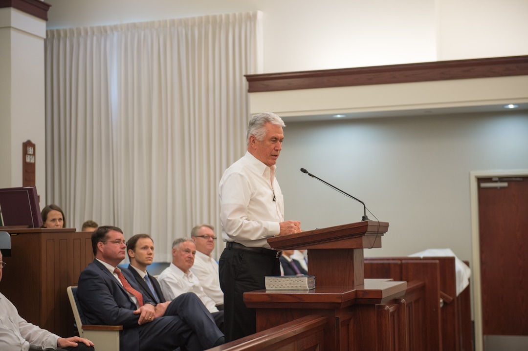 (Rachel Molenda  |  The Salt Lake Tribune) Dieter F. Uchtdorf, second president of the governing First Presidency, addresses LDS members from the Houston area at the Tomball church in Tomball, Houston, on Sunday, Sept. 3, 2017.