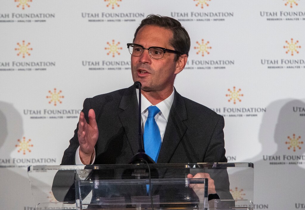 (Rick Egan  |  Tribune file photo)     Gubernatorial candidate Chris Peterson speaks at the Utah Foundation Anniversary Luncheon at the Grand America Hotel on Thursday, Sept. 17, 2020. Peterson on Friday called on Gov. Gary Herbert to remove Lt. Gov. Spencer Cox from a leadership role in the state's COVID-19 response amid soaring case numbers. Cox is the Republican nominee for governor.