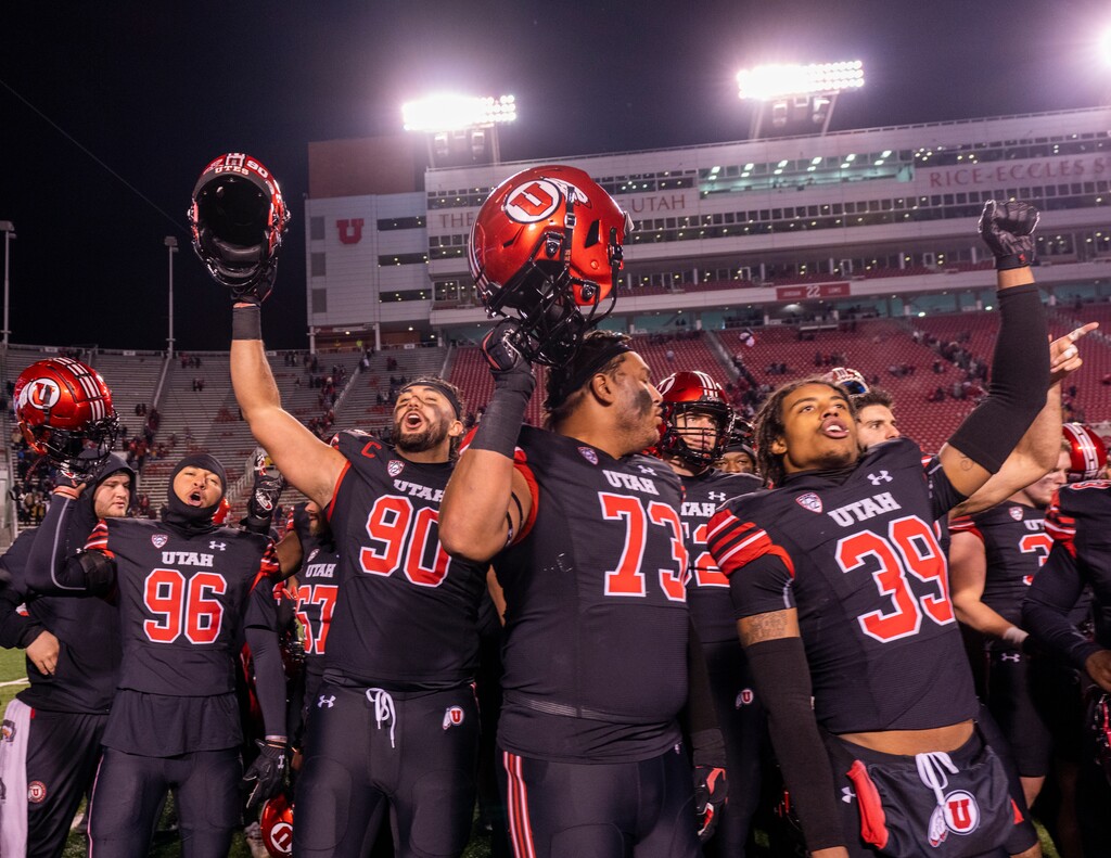 (Rick Egan | The Salt Lake Tribune) The Utah Utes sing the fight song with after the Ute's defeated the Stanford Cardinals, 42-7, in PAC-12 football action at Rice-Eccles Stadium, on Saturday, Nov. 12, 2022.
