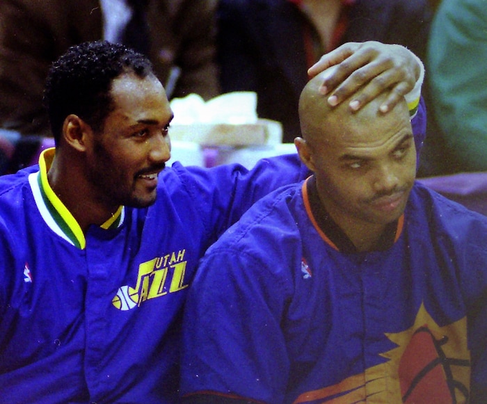 (Steve Griffin  | Tribune File Photo)  Karl Malone jokes with Charles Barkley, in the 1993 All Star Game at the Delta Center in Salt Lake City, Sunday, Feb. 21, 1993.