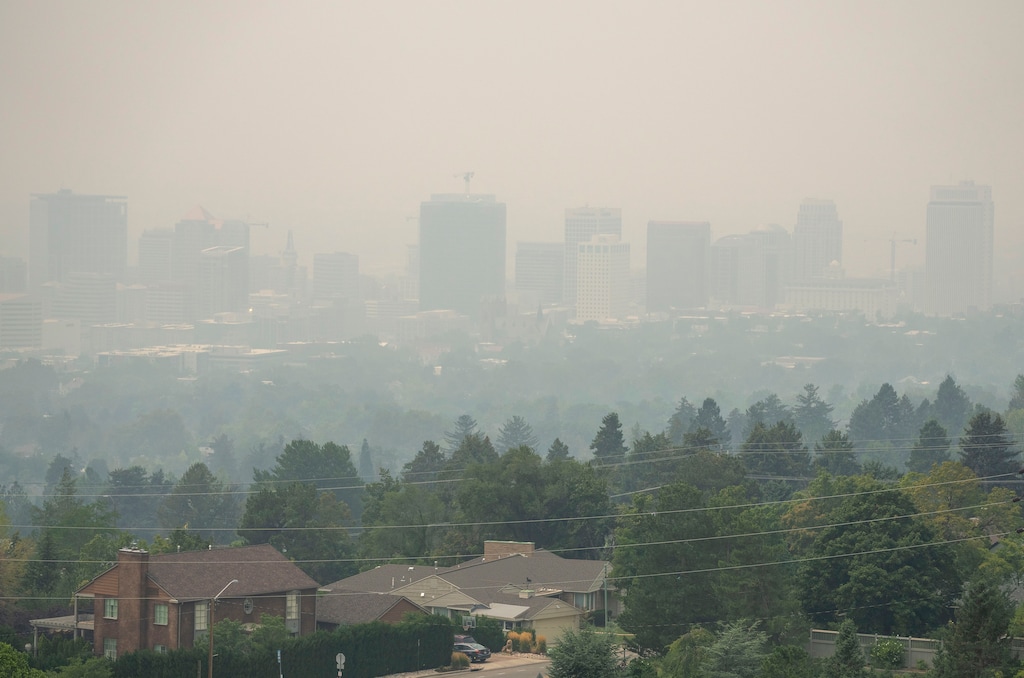(Rick Egan | The Salt Lake Tribune) Smokey skies from wild fires in California, Oregon and Washington, effect the visibility and air quality in Salt Lake City, on Friday, Aug. 6, 2021.