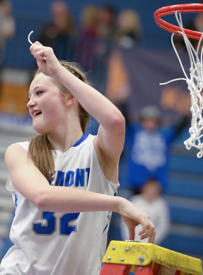 (Leah Hogsten  |  The Salt Lake Tribune) Fremont's Haylee Doxey (32) cuts off a piece of the net. Fremont defeated Bingham 61-47 to win the 6A High School Girls' Basketball Tournament title at SLCC in Taylorsville,Saturday, Feb. 24, 2018. 