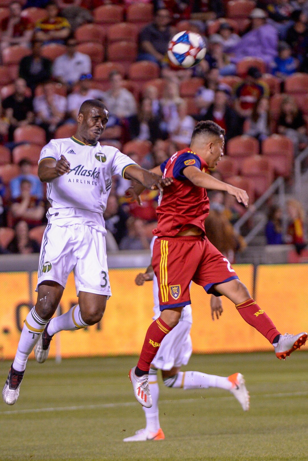 Leah Hogsten  |  The Salt Lake Tribune  Portland Timbers defender Larrys Mabiala (33) and Real Salt Lake midfielder Sebastian Saucedo (23) battle for a header in the second half.  Real Salt Lake hosts the Portland Timbers, Saturday, May 4, 2019 at Rio Tinto Stadium in Salt Lake City.