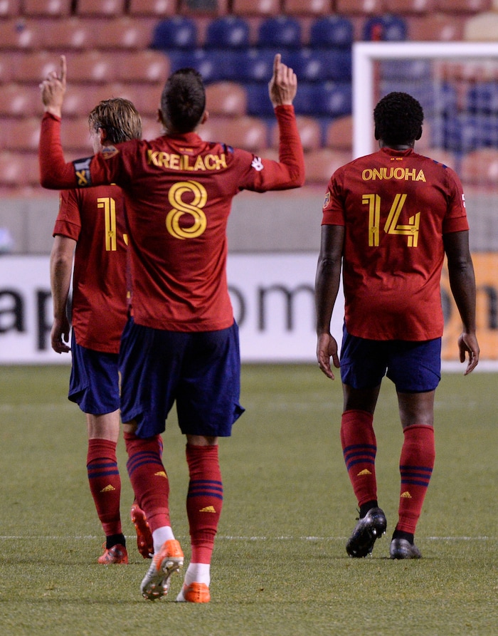 (Leah Hogsten  |  The Salt Lake Tribune) Real Salt Lake midfielder Damir Kreilach (8) celebrates his first half goal as Real Salt Lake hosts the Portland Timbers, Oct. 14, 2020.