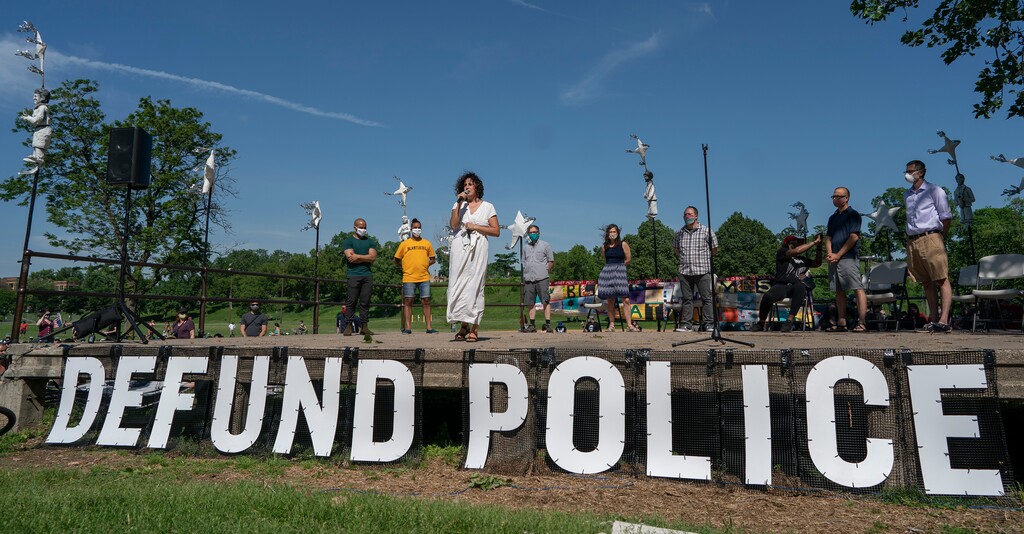 (Jerry Holt | Star Tribune via AP file photo)  Alondra Cano, a City Council member, speaks during "The Path Forward" meeting at Powderhorn Park on Sunday, June 7, 2020, in Minneapolis. The focus of the meeting was the defunding of the Minneapolis Police Department.