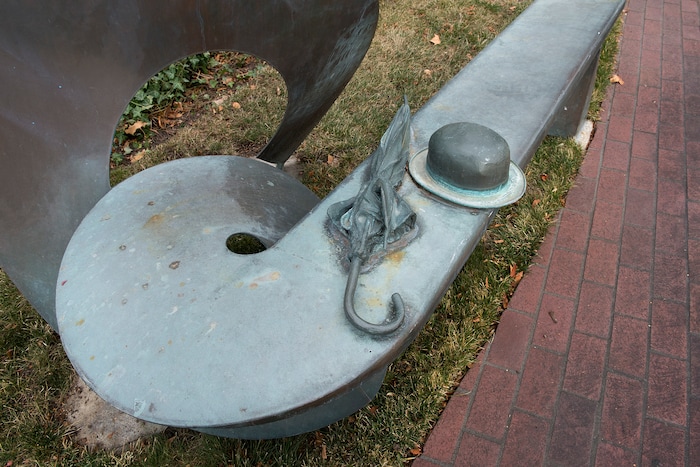 (Scott Sommerdorf   |  The Salt Lake Tribune)   
The bench at South Temple and T Street created by Utah sculptor Richard Johnston, Wednesday, December 20, 2017.  

