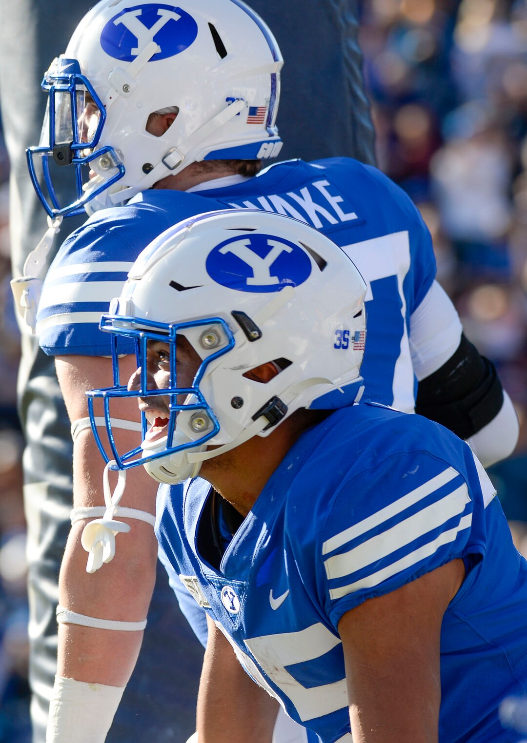 (Leah Hogsten  |  The Salt Lake Tribune) Brigham Young Cougars running back Sione Finau (35) celebrates his touchdown as Brigham Young University takes on Idaho State, Saturday, Nov. 16, 2019 at LaVell Edwards Stadium.