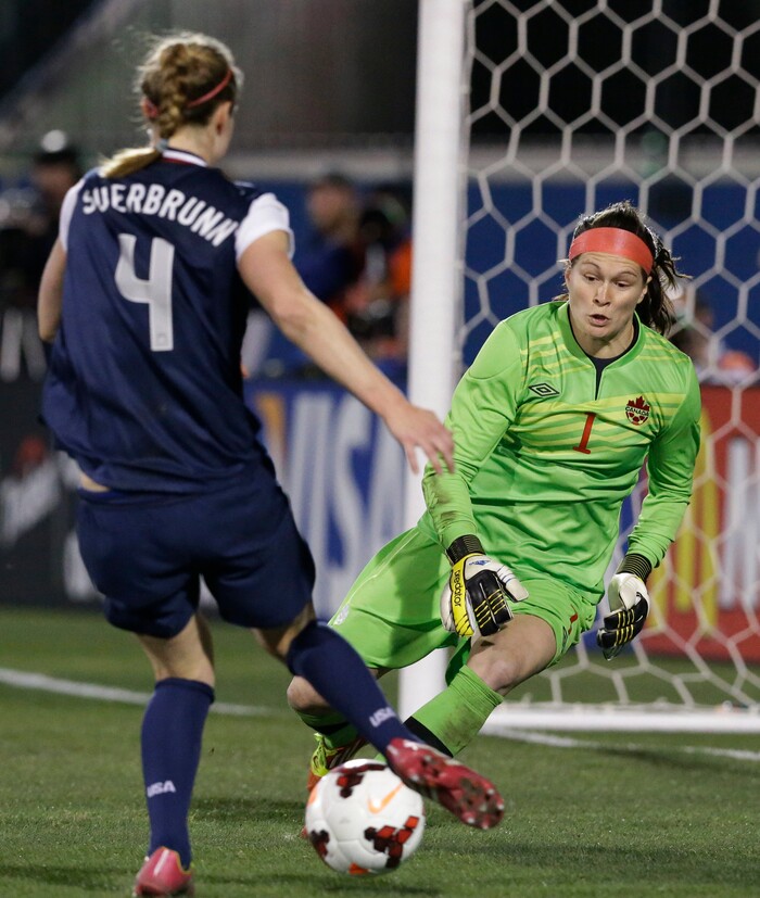 Canada goalkeeper Erin McLeod (1) moves in as United States' Becky Sauerbrunn (4) works near the goal during the second half of a soccer game Friday, Jan. 31, 2014, in Frisco, Texas. The United States won 1-0. (AP Photo/LM Otero)