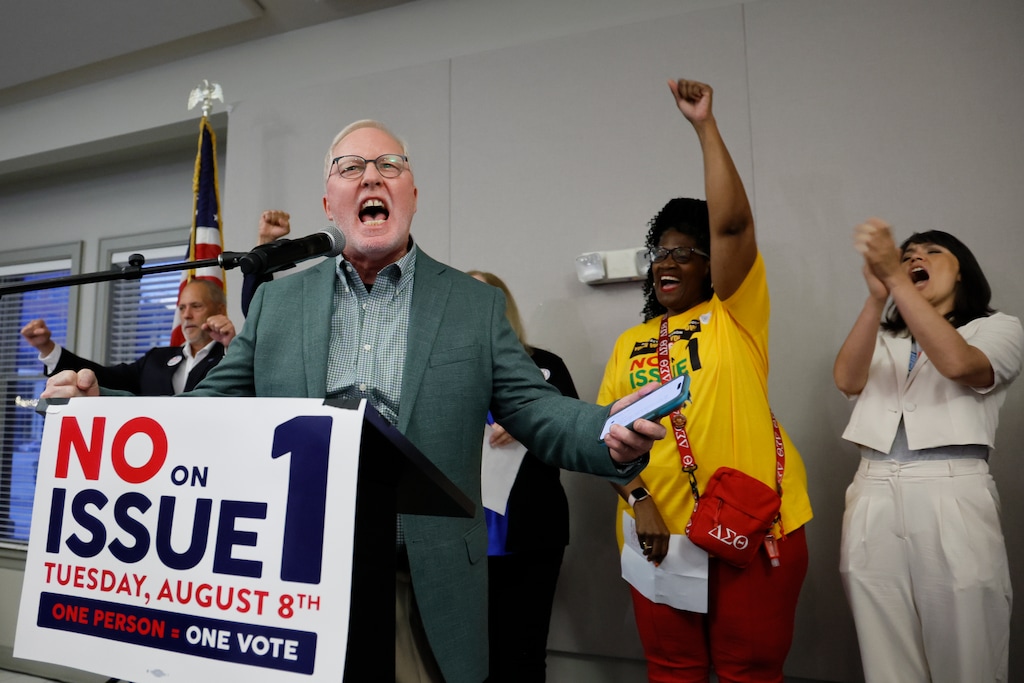 (Jay LaPrete | The Associated Press) Dennis Willard, spokesperson for One Person One Vote, celebrates the results of the election during a watch party Tuesday, Aug. 8, 2023, in Columbus, Ohio. Ohio voters have resoundingly rejected a Republican-backed measure that would have made it more difficult to pass abortion protections.