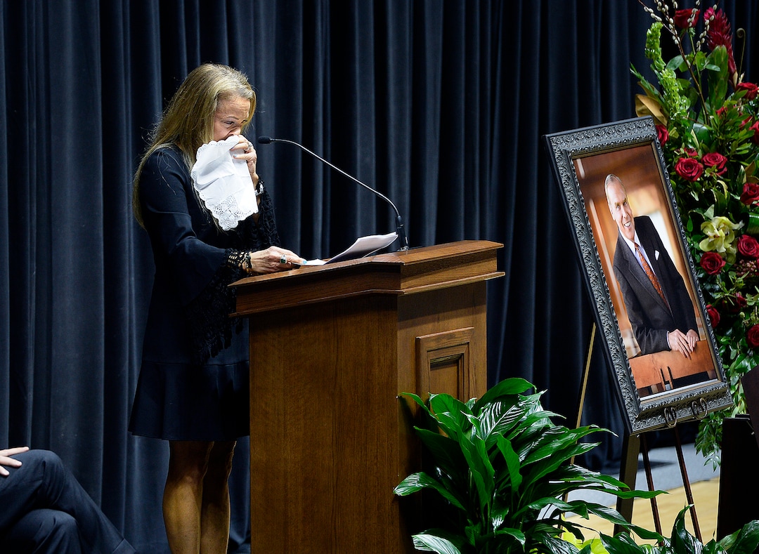 Scott Sommerdorf | The Salt Lake TribuneChristena Huntsman Durham speaks tearfully about her father at the funeral services for Jon M. Huntsman, Sr., Saturday, February, 10, 2018. 