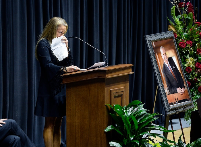 Scott Sommerdorf | The Salt Lake Tribune
Christena Huntsman Durham speaks tearfully about her father at the funeral services for Jon M. Huntsman, Sr., Saturday, February, 10, 2018. 
