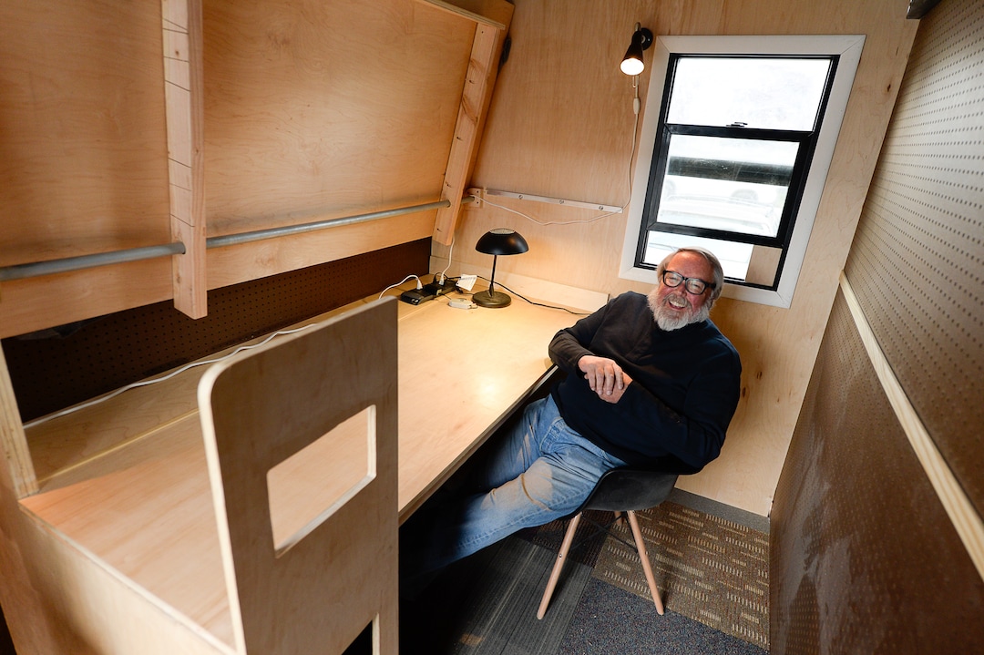 (Francisco Kjolseth | The Salt Lake Tribune) Small-home architect Jeff White poses for a photo in his prototype Toaster House parked in South Salt Lake on Wednesday, Oct. 2, 2019. Toaster, an acronym for temporary, orderly, affordable, safe, transportable, effective and respectful, aims to help address a possible gap in homelessness services. He envisions the temporary, 60 square foot spaces as a way to stabilize people and move them into permanent supportive housing in conjunction with Salt Lake City's homeless outreach team.
