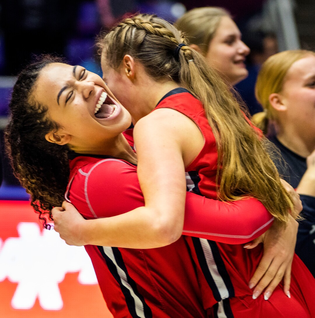 (Rick Egan | The Salt Lake Tribune) Jordyn Harvey hugs Lizzy Mcconkie, as  the Bountiful Redhawks defeat the Springville Red Devils, at Weber State,  for the Girls 5A State Championship at Weber State, on Saturday, March 4, 2023.