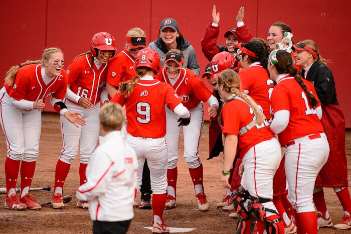 (Trent Nelson | The Salt Lake Tribune)  Utah Utes host the BYU Cougars, NCAA softball in Salt Lake City, Wednesday April 18, 2018. Utes celebrate Utah infielder Ryley Ball's home run.