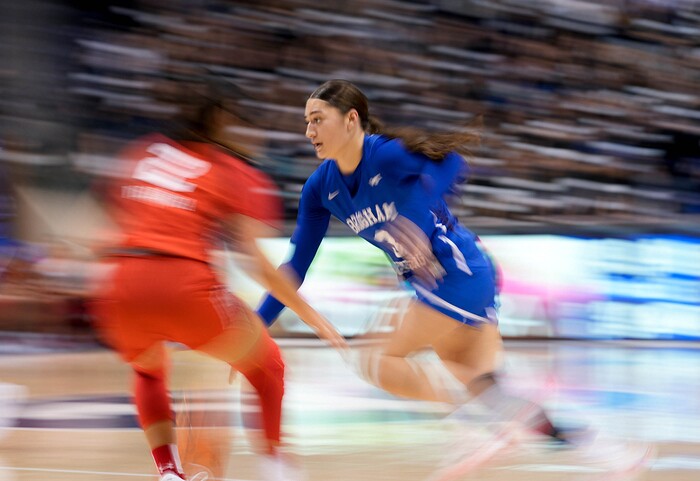 (Francisco Kjolseth | The Salt Lake Tribune) BYU Cougars guard Nani Falatea (3) moves the ball down court in basketball action between the Utah Utes and the Brigham Young Cougars, at the Marriott Center in Provo, on Saturday, Dec. 10, 2022.