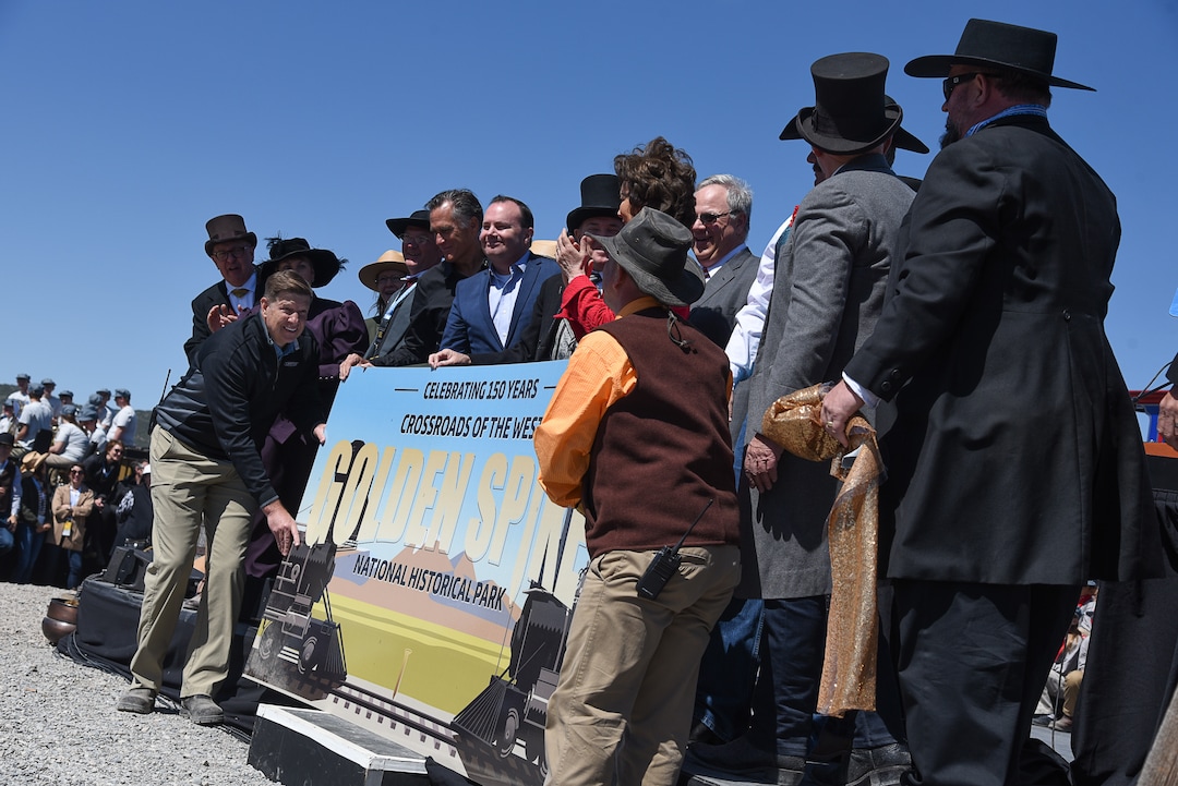 (Francisco Kjolseth  |  The Salt Lake Tribune)  The new Golden Spike sign is unveiled on Friday May 10, 2019, in celebration of the 150th anniversary of the completion of the transcontinental railroad at Promontory Summit where the two rails met back on May 10, 1869.