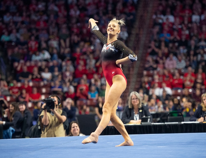 (Rick Egan  |  The Salt Lake Tribune)    MaKenna Merrill-Giles competes on the floor for Utah, in the PAC-12 Gymnastics Championships at the Maverik Center, Saturday, March 23, 2019.


