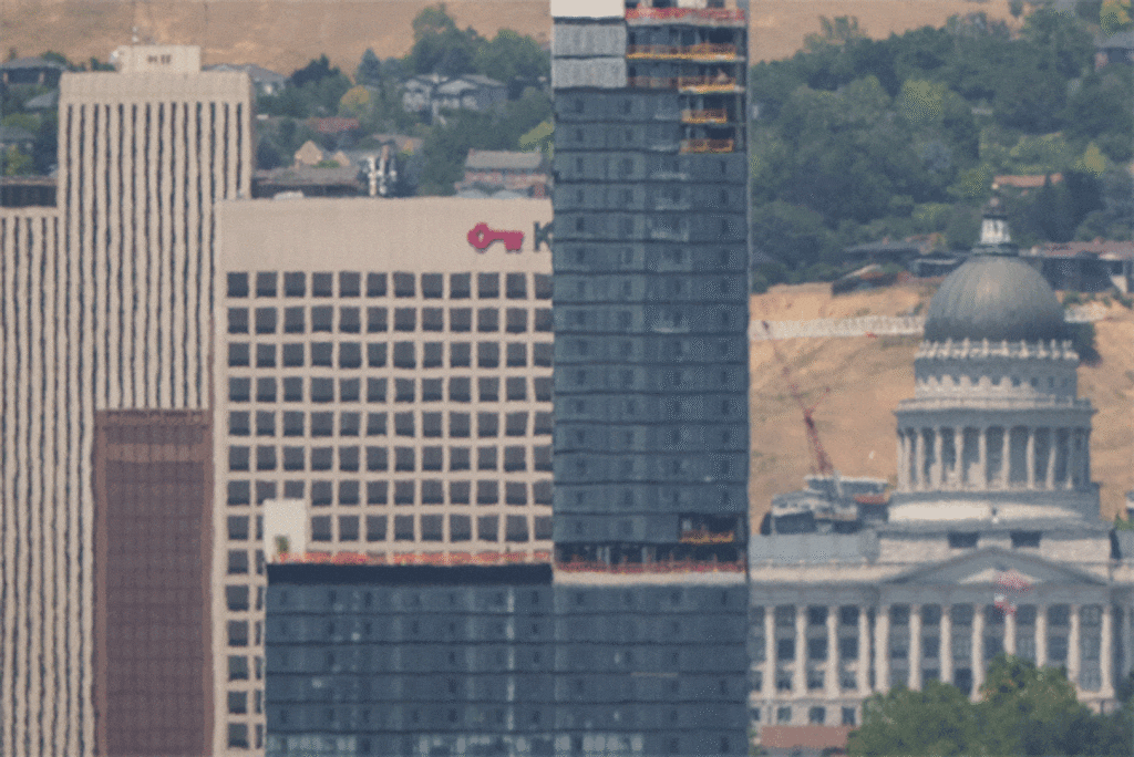 (Trent Nelson | The Salt Lake Tribune) Downtown Salt Lake City as the temperature hits 99 on Thursday, July 18, 2024.