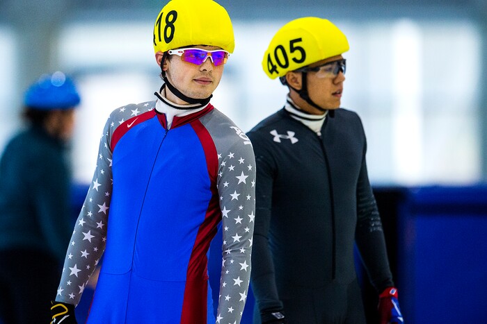 (Chris Detrick  |  The Salt Lake Tribune) J.R. Celski (405) and John-Henry Krueger (418) before competing in the US Short Track Fall World Cup Qualifier at the Utah Olympic Oval Saturday, August 19, 2017. 