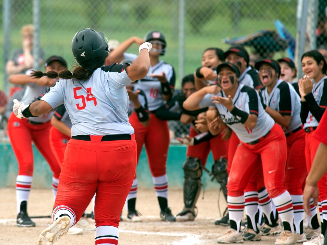 (Rick Egan  |  The Salt Lake Tribune)     West high short stop Huntyr Ava celebrates as she rounds heads for home, after hitting a home run in the first to two games against the Bountiful Braves, in the 5A state championship game in Taylorsville, Thursday May 30, 2019
