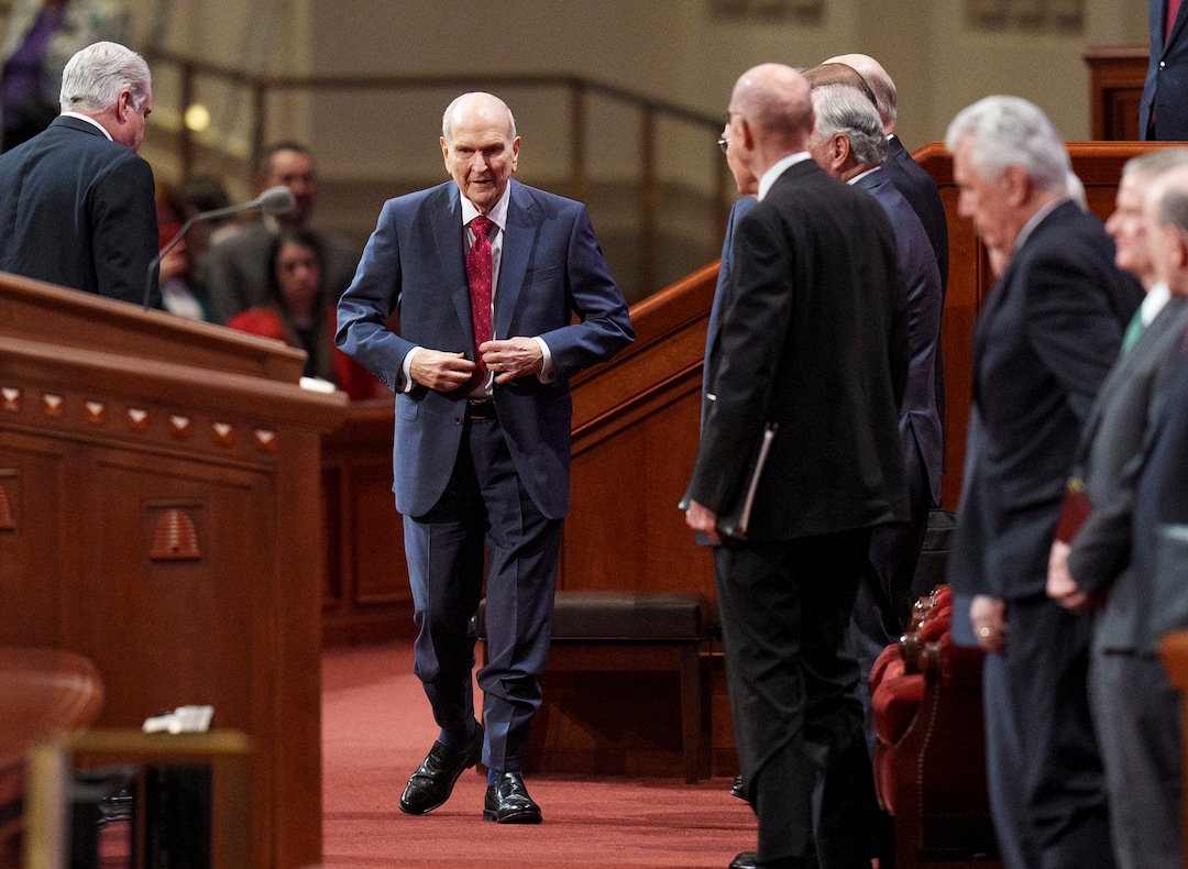 (Leah Hogsten | The Salt Lake Tribune) Russell M. Nelson, 98, shown leaving the morning session of General Conference on Saturday, April 1, 2023, is the oldest prophet-president in the The Church of Jesus Christ of Latter-day Saints' 193-year history.