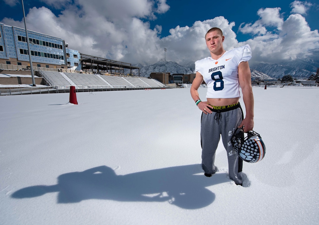 (Francisco Kjolseth  | The Salt Lake Tribune) Highly recruited linebacker Lander Barton from Brighton High School pictured on the freshly snow covered football field Thursday, Feb. 18, 2021.
