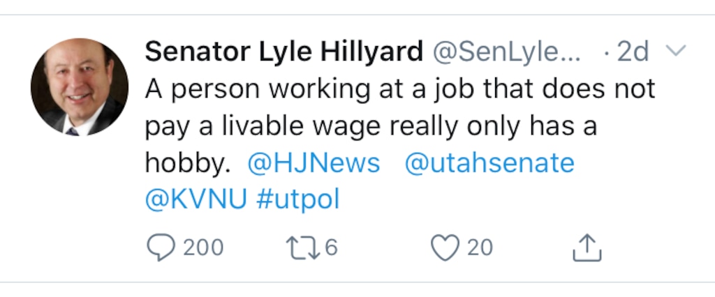 A tweet Jan. 31, 2019 by Utah Sen. Lyle Hillyard (R-Logan) was "ratioed" — that is, replies outnumbered likes and retweets. Critics called his remarks callous and out-of-touch with the economically vulnerable.