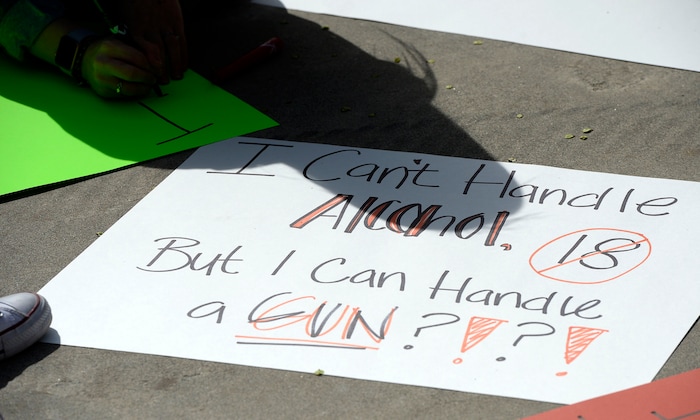 (Al Hartmann  |  The Salt Lake Tribune) 	
Over one hundred students at Highland High School staged a walkout Friday April 20, 2018 in honor of the anniversary of the Columbine High School massacre. Demonstrators walked from the school to Sugar House Park where they made posters, wrote letters to their congressmen and listened to speakers. 