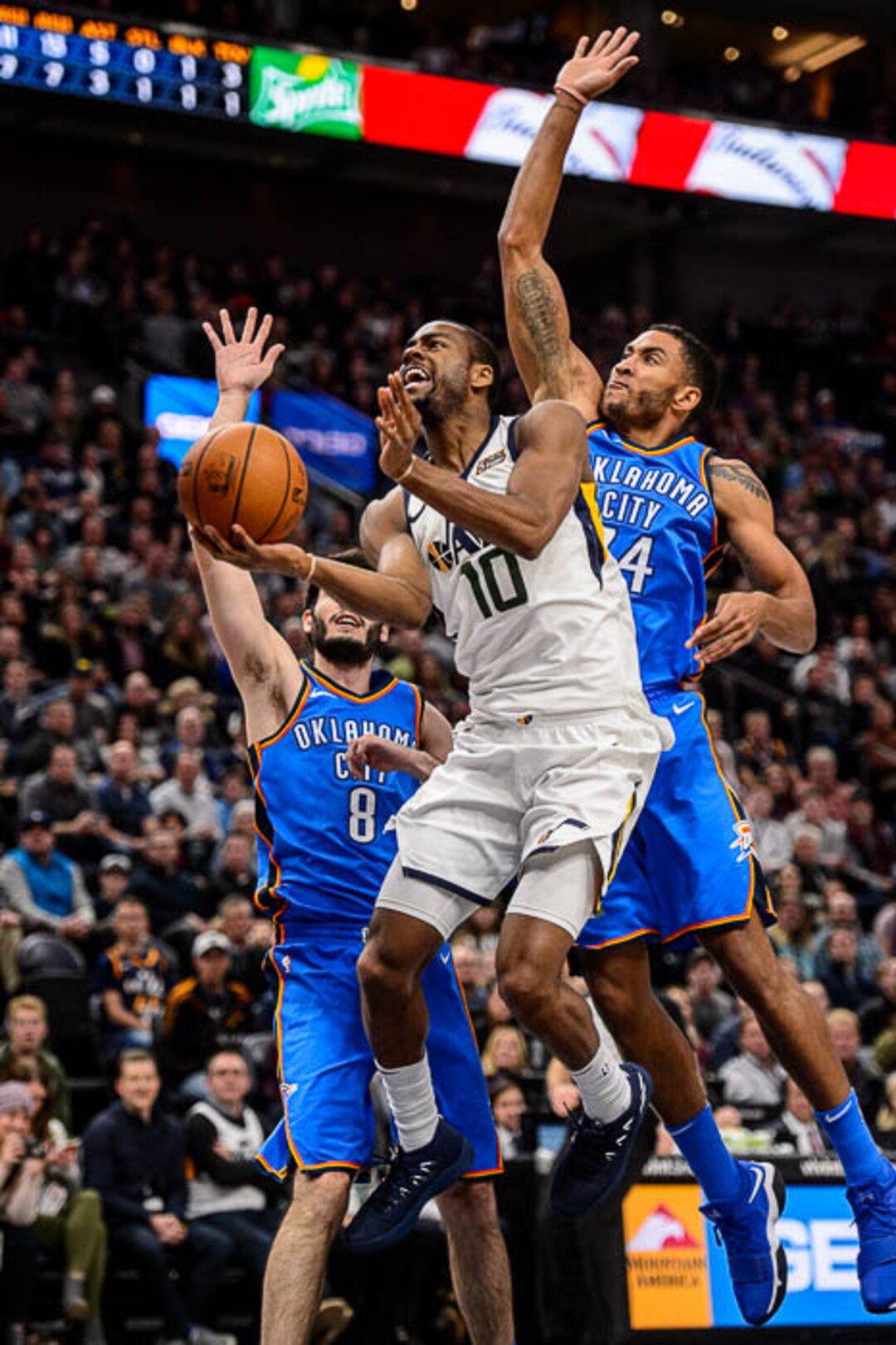(Trent Nelson | The Salt Lake Tribune)  Utah Jazz guard Alec Burks (10) shoots as the Utah Jazz host the Oklahoma City Thunder, NBA basketball in Salt Lake City, Saturday December 23, 2017.