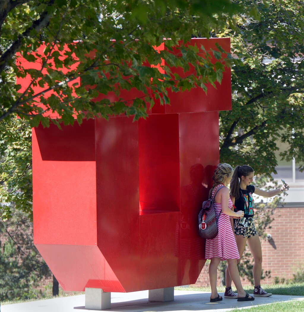 Al Hartmann  |  The Salt Lake Tribune
Students take a selfie with their phones at the University of Utah's giant "U" near the Olpin Union building during  the first day of fall 2015 classes.