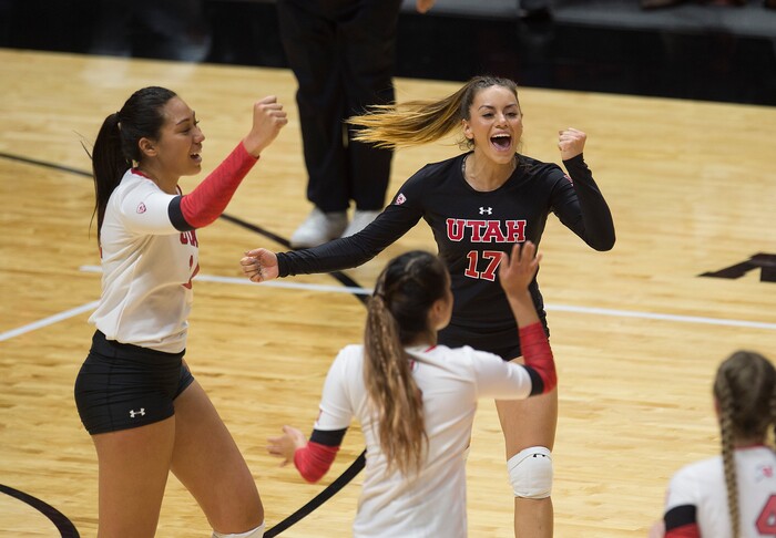 (Scott Sommerdorf   |  The Salt Lake Tribune)   Brianna Doehrmann and Utah celebrates winning a point during first set action. Utah beat Purdue three sets to one in the second round of the NCAA volleyball tournament, Friday, December 1, 2017.  