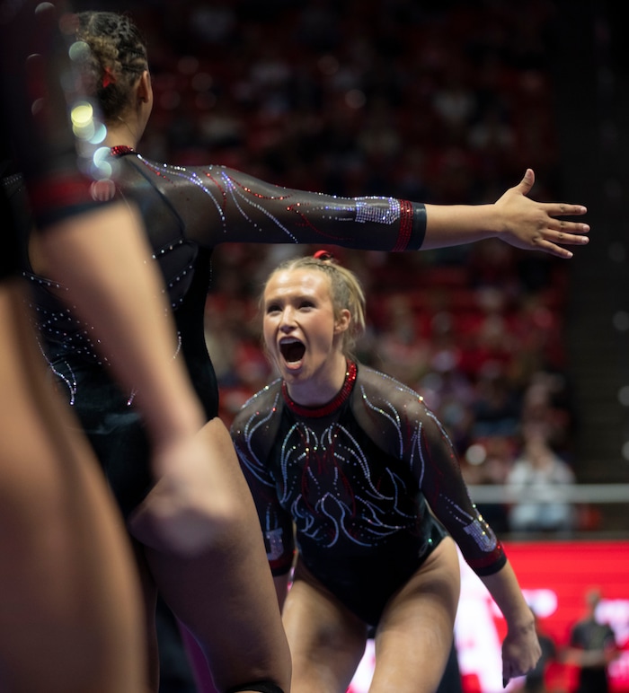(Rick Egan | The Salt Lake Tribune)  Abby Paulson reacts after her performance on the beam, in gymnastics action between Utah Red Rocks and Oregon State, at the Jon M. Huntsman Center, on Friday, Feb. 2, 2024.